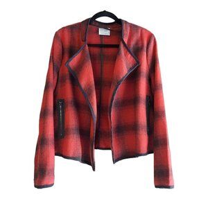 Ruff Hewn Grey Women's Red & Black Plaid Open Front Wool Blend Jacket